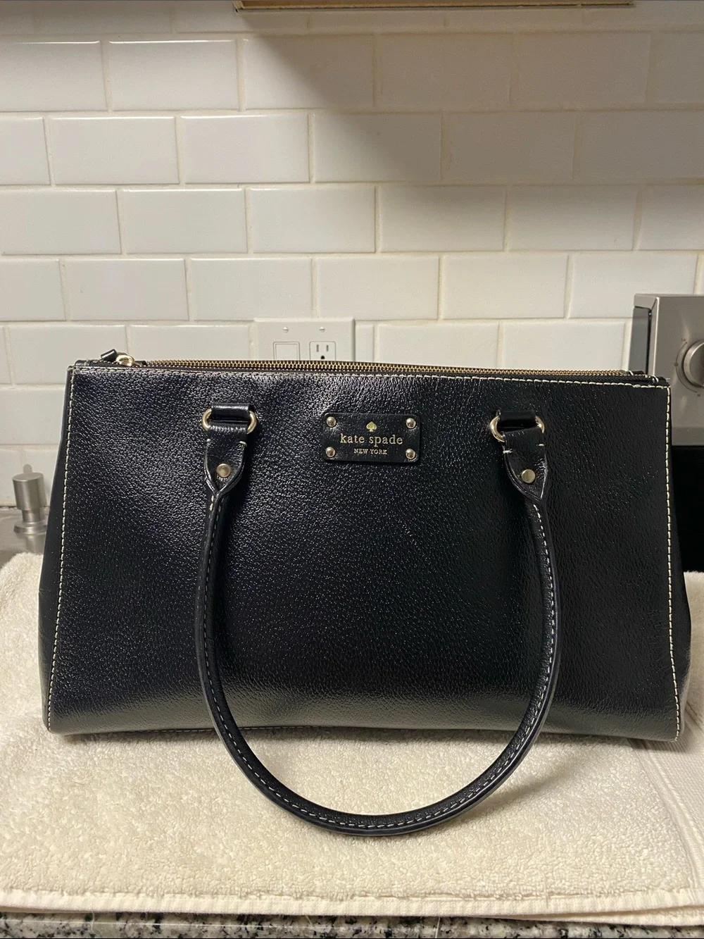 kate spade Black Pebbled Leather Satchel with Gold Hardware